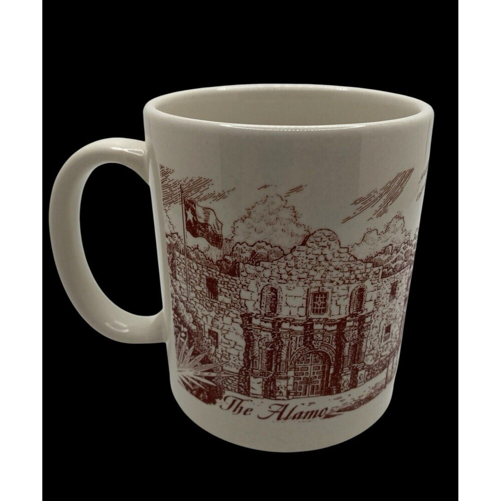 Vtg The Alamo Riverwalk San Antonio TX Landmark Coffee Cup Mug Red Brown Sketch
